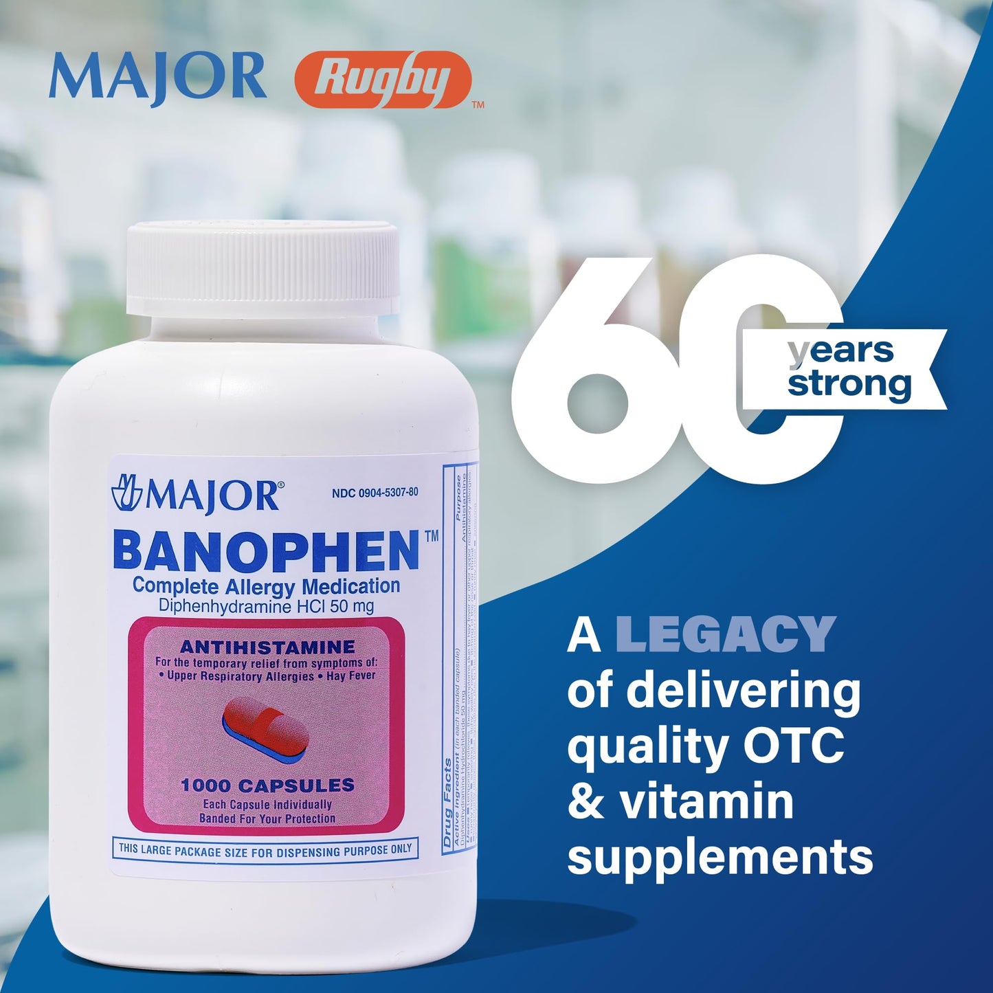 MAJOR Banophen Diphenhydramine HCl 50 mg Capsules – Temporary Allergy Relief (1000 Count)