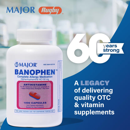 MAJOR Banophen Diphenhydramine HCl 50 mg Capsules – Temporary Allergy Relief (1000 Count)