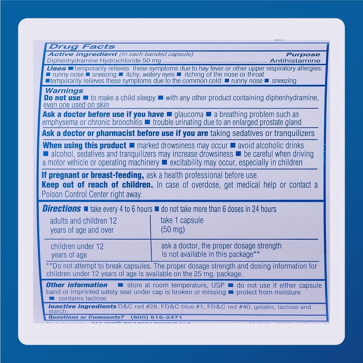 MAJOR Banophen Diphenhydramine HCl 50 mg Capsules – Temporary Allergy Relief (1000 Count)