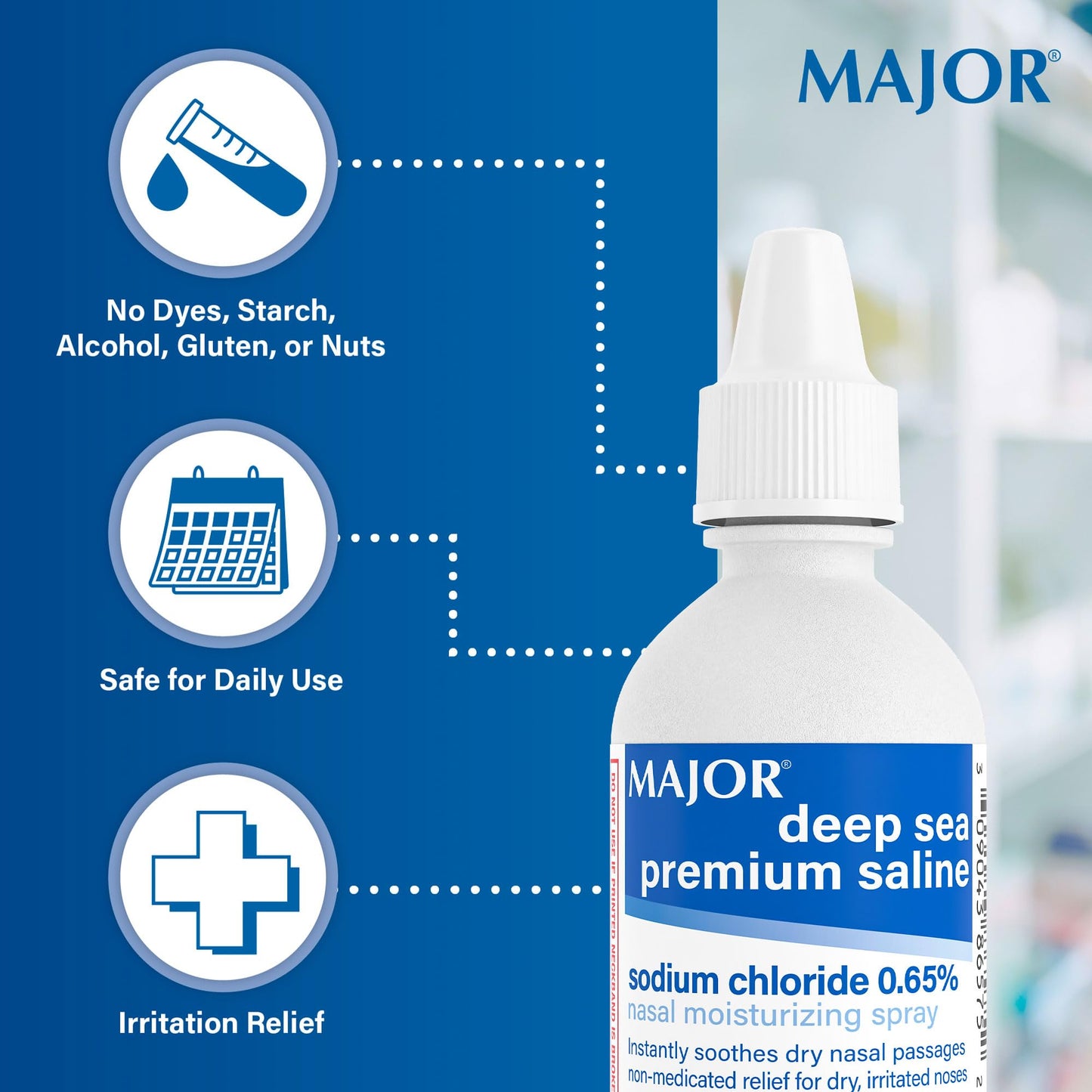 MAJOR Deep Sea Premium Saline Nasal Spray 0.65% — Dry Nose Relief, 1.5 fl oz, 3-Pack