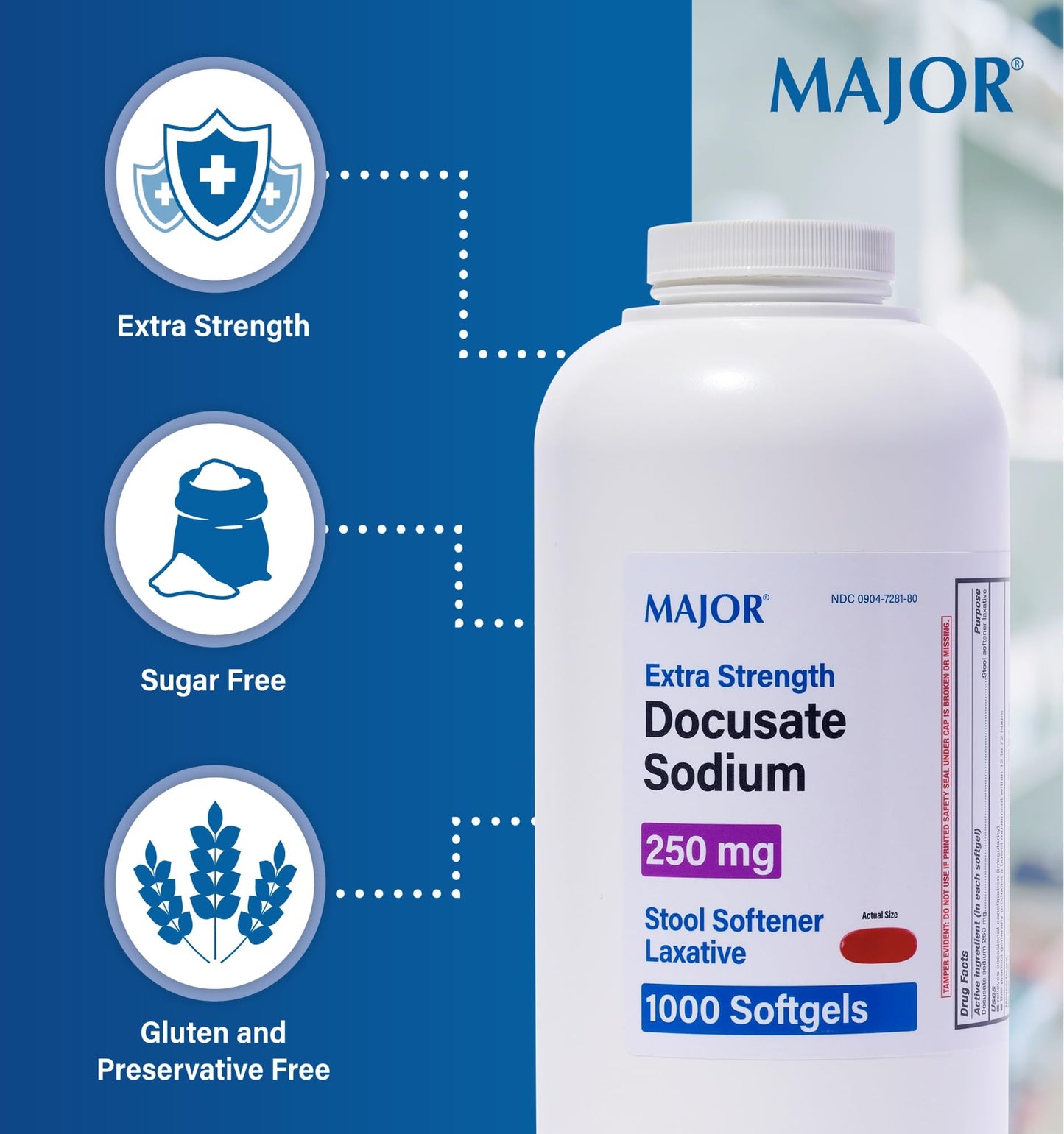 Major Docusate Sodium 250 mg Extra Strength Stool Softener | Gentle Relief