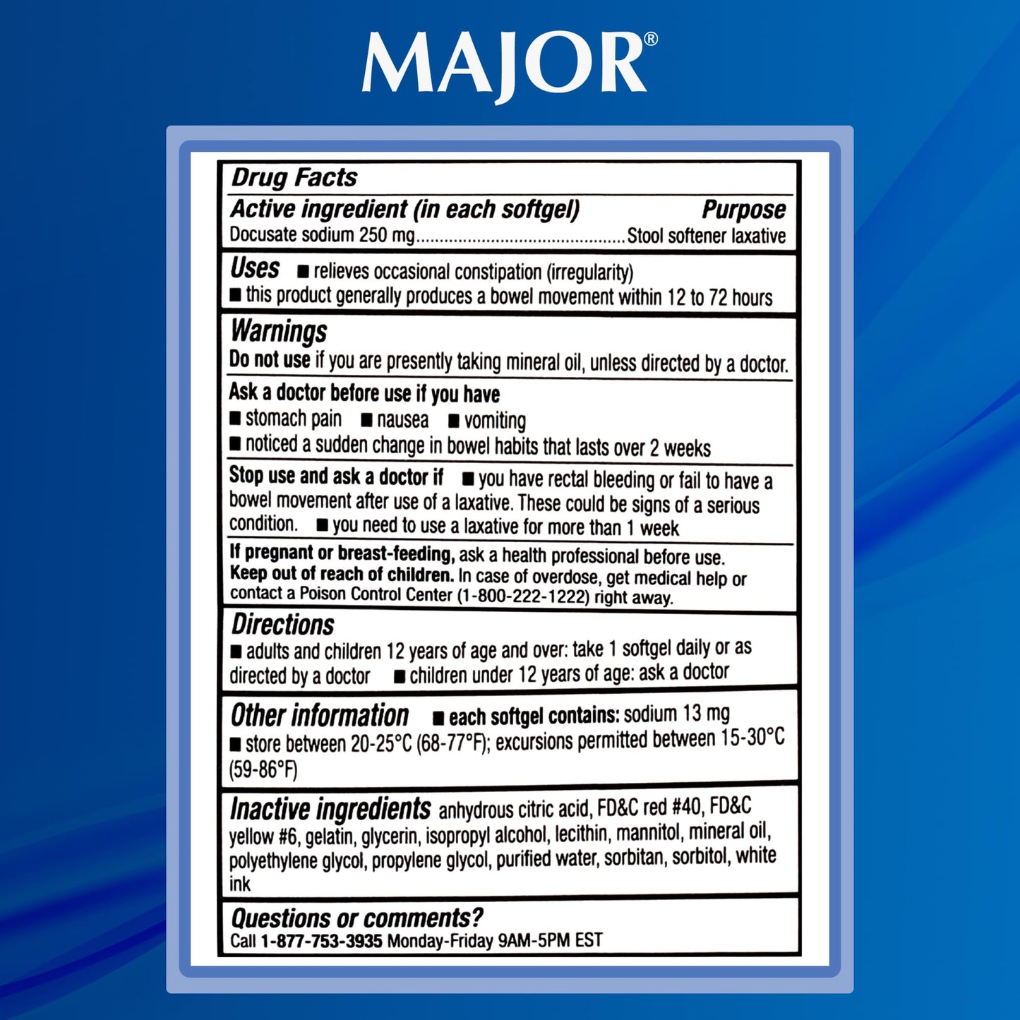 MAJOR Docusate Sodium 250 mg Extra Strength Stool Softener – Stimulant-Free, 100 Softgels (3 Pack)