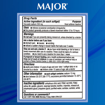 MAJOR Docusate Sodium 250 mg Extra Strength Stool Softener – Stimulant-Free, 100 Softgels (3 Pack)