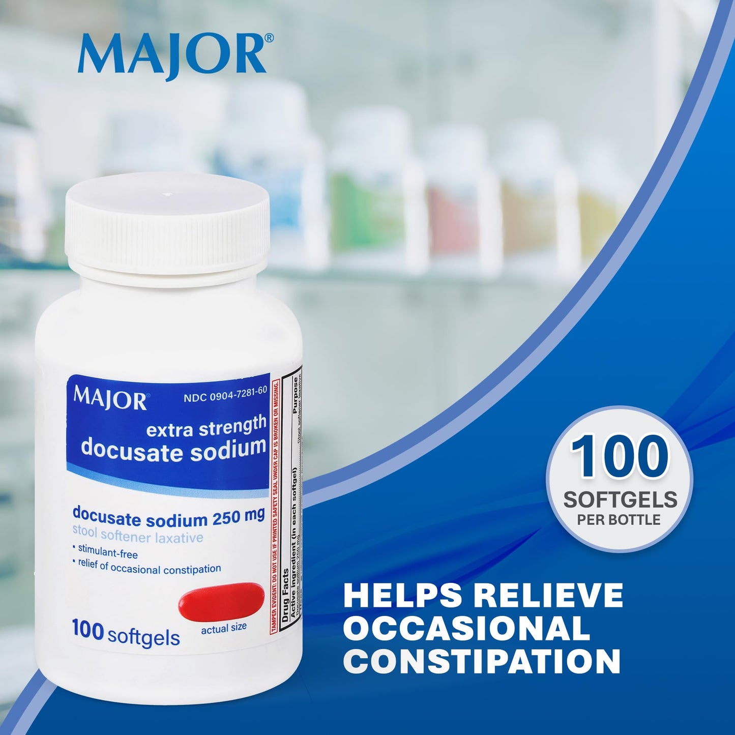 MAJOR Docusate Sodium 250 mg Extra Strength Stool Softener – Stimulant-Free, 100 Softgels (3 Pack)