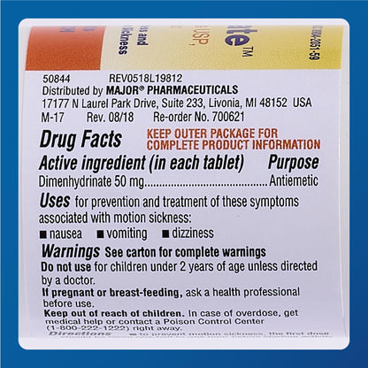 MAJOR Driminate Dimenhydrinate 50mg Motion Sickness Tablets – 100 Count