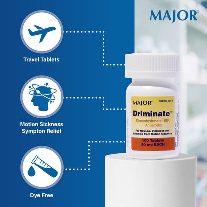 MAJOR Driminate Dimenhydrinate 50mg Motion Sickness Tablets – 100 Count
