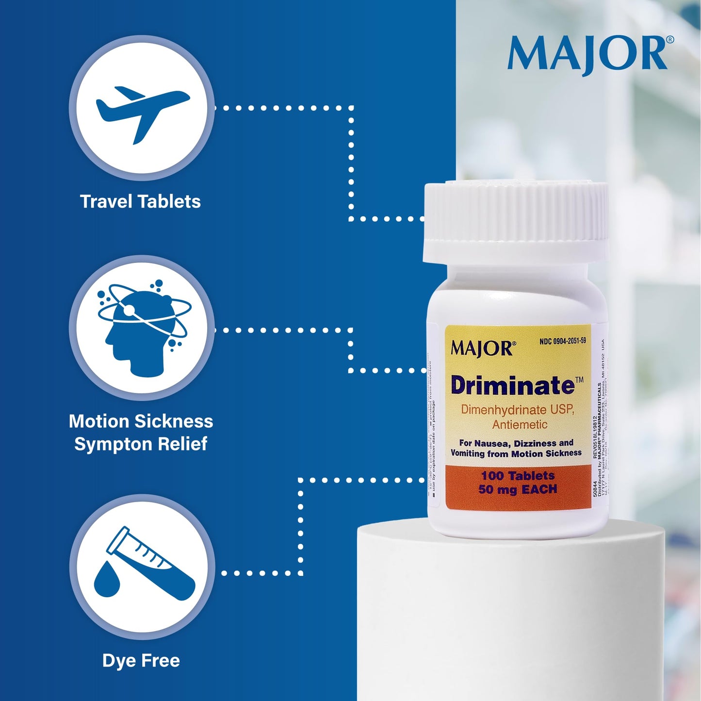 MAJOR Driminate Dimenhydrinate 50mg Motion Sickness Tablets – 100 Count