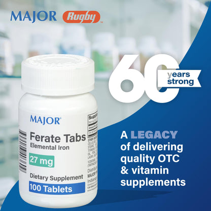 Major 27 mg Ferate Tabs – Ferrous Gluconate Iron Supplement (3 Pack, 100 Count)