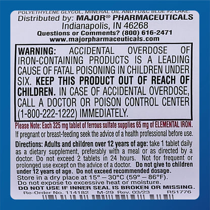 Major Ferosul Ferrous Sulfate 325mg Tablets with 65mg Elemental Iron – Iron Supplement for Women & Men – Red – 100 Count (6 Pack)