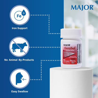 MAJOR Ferosul Ferrous Sulfate 325mg Tablets with 65mg Elemental Iron – Iron Supplement for Women & Men | Red, 100 Count (3 Pack)