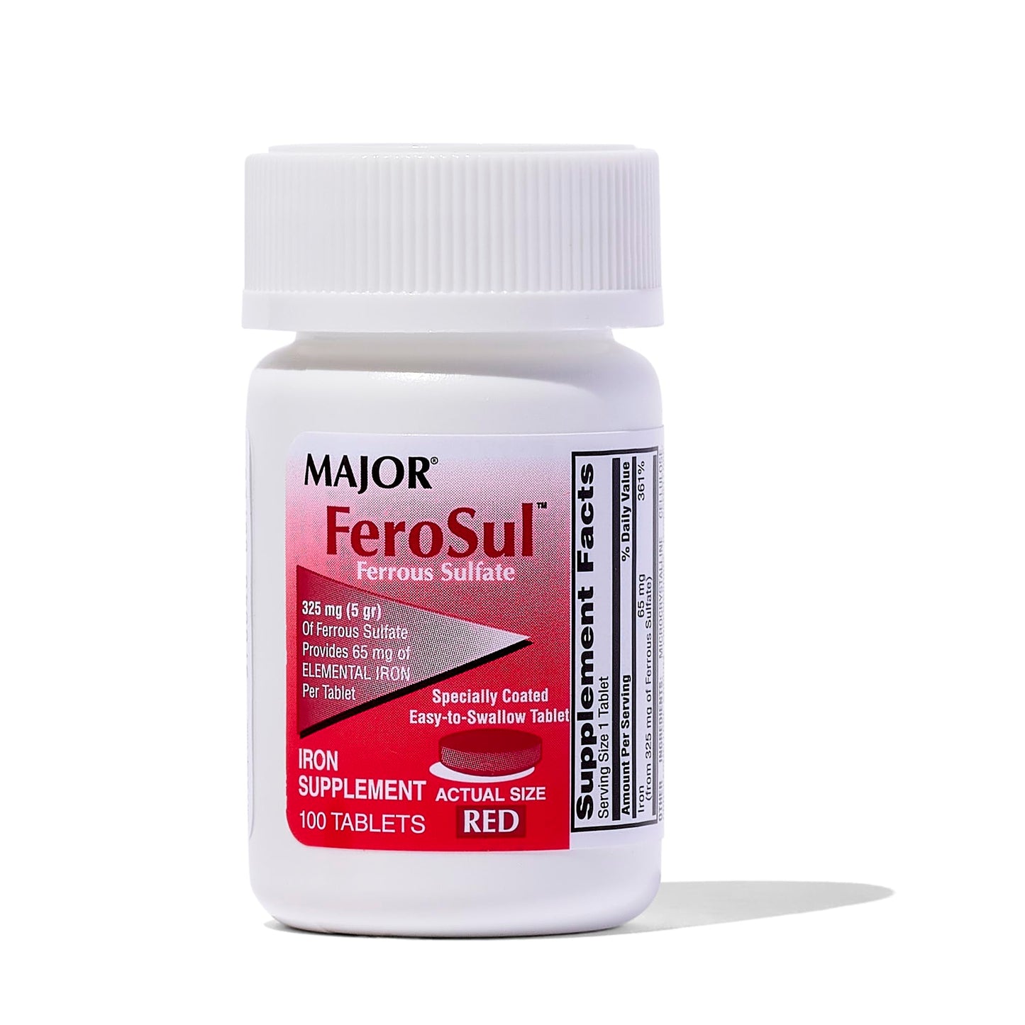 Major Ferosul Ferrous Sulfate 325mg - 65mg Elemental Iron | Iron Supplement (Red) 100 Count