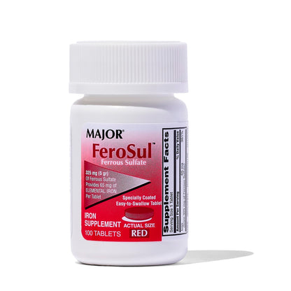 Major Ferosul Ferrous Sulfate 325mg - 65mg Elemental Iron | Iron Supplement (Red) 100 Count