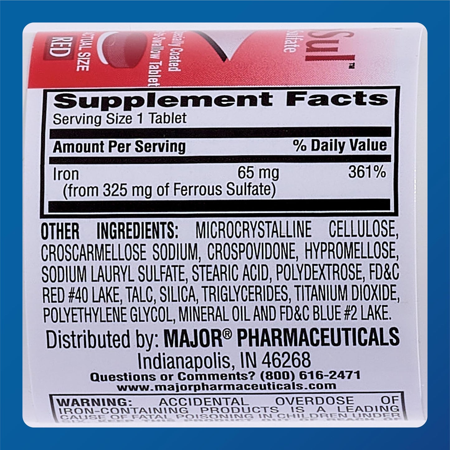 Major Ferosul Ferrous Sulfate 325mg - 65mg Elemental Iron | Iron Supplement (Red) 100 Count