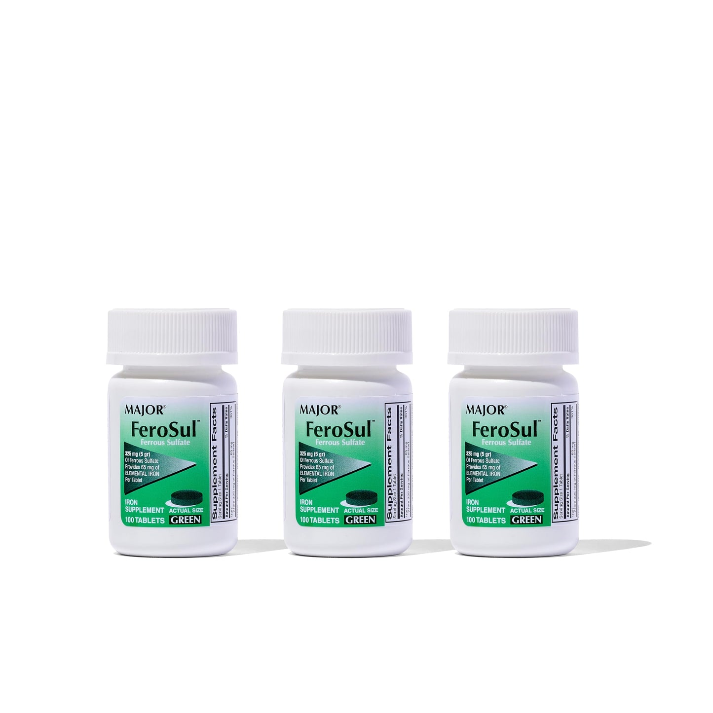 Major Ferosul Ferrous Sulfate 325mg | 65mg Elemental Iron | 100 Count (3 Pack)