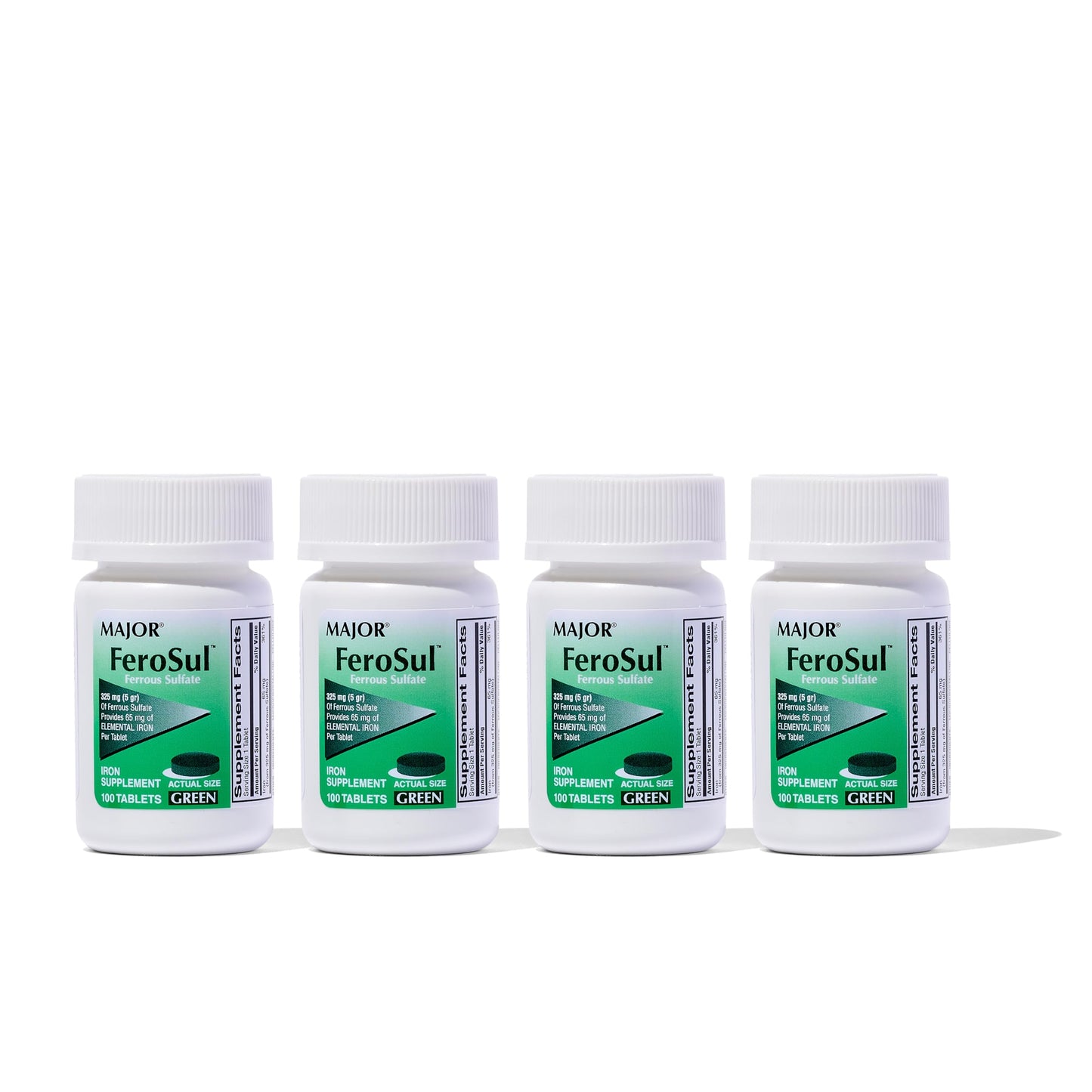 Major Ferosul Ferrous Sulfate 325mg – 65mg Elemental Iron | Iron Supplement (4 Pack, Green)