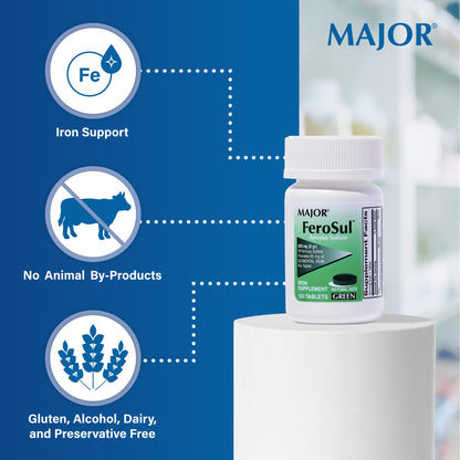Major Ferosul Ferrous Sulfate 325mg – 65mg Elemental Iron | Iron Supplement (4 Pack, Green)