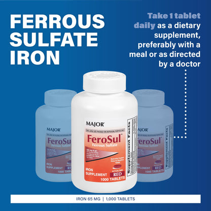 Major FeroSul Ferrous Sulate 325 mg – Iron Supplement for Women & Men, Easy-to-Swallow Red Tablets, 1000 Count