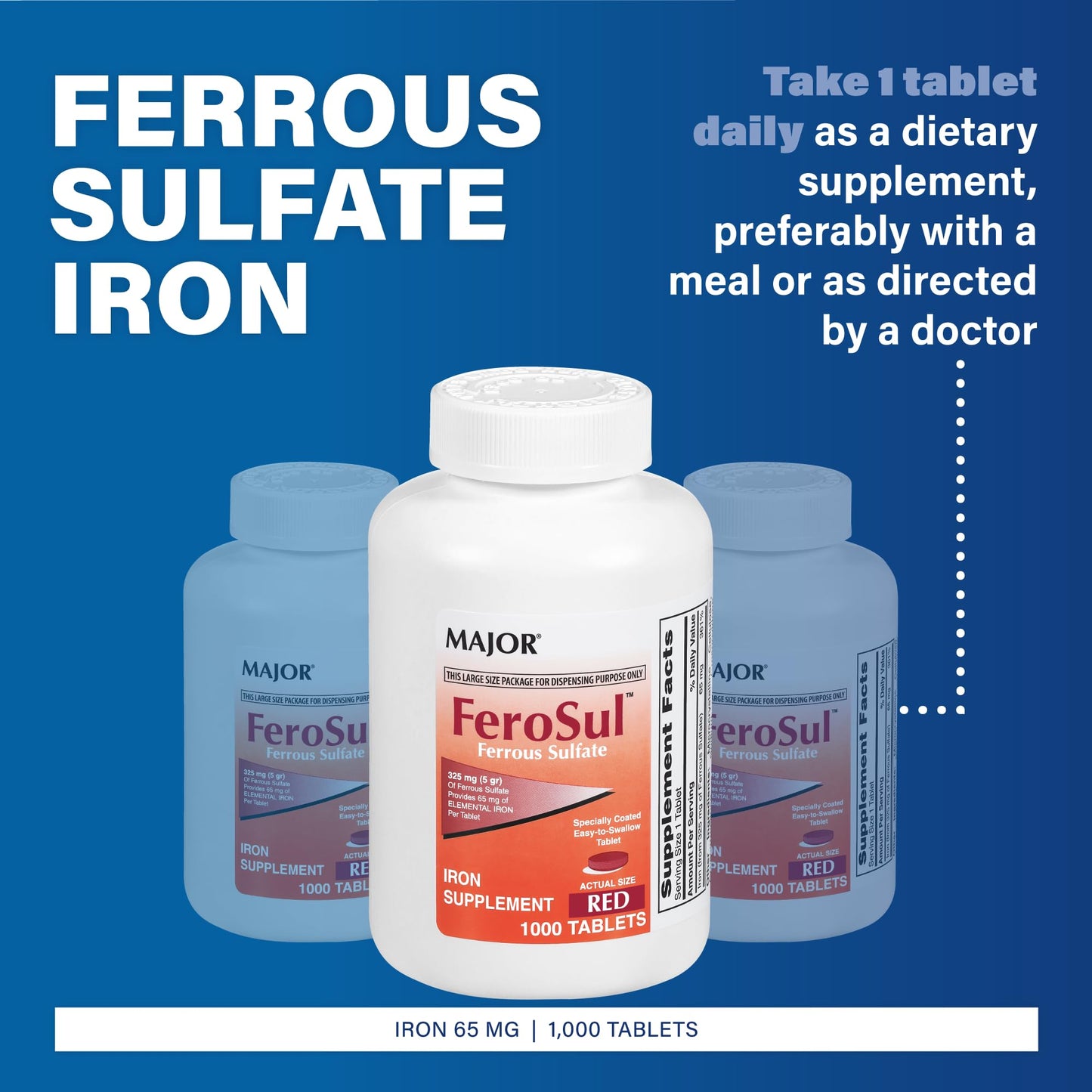 Major Ferosul Ferrous Sulate – 65mg Elemental Iron, 100 Red Tablets, Pack of 1