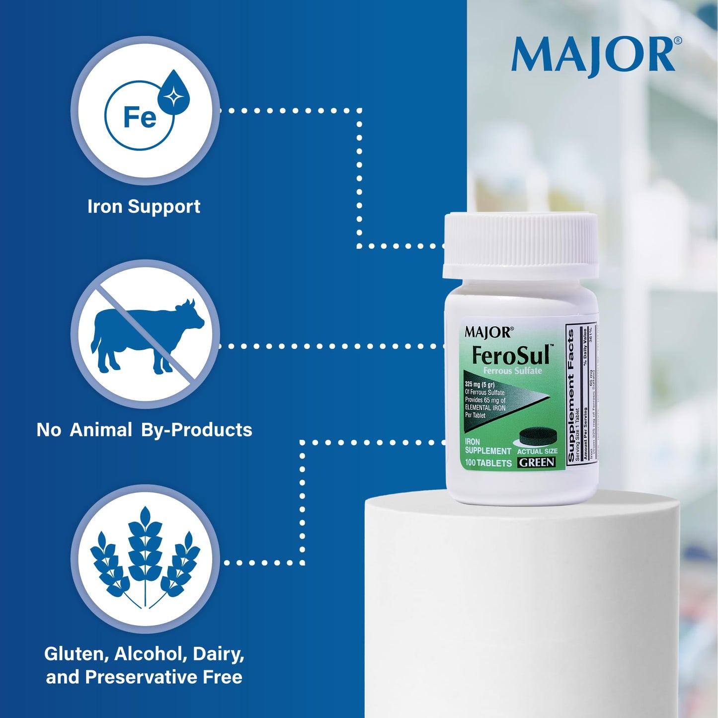 Major Ferosul Ferrous Sulfate 325mg – 65mg Elemental Iron | Iron Supplement (4 Pack, Green)