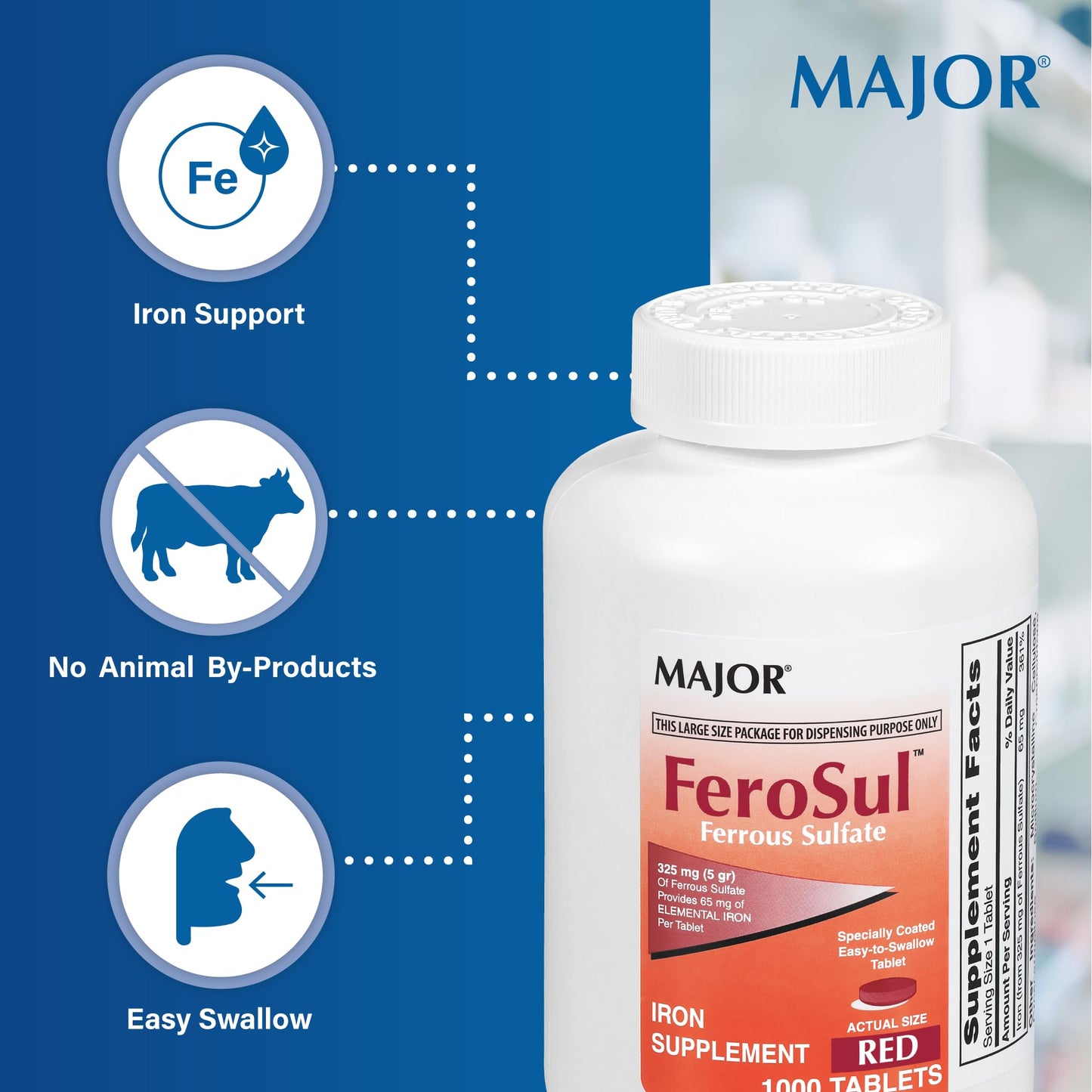 Major Ferosul Ferrous Sulate – 65mg Elemental Iron, 100 Red Tablets, Pack of 1
