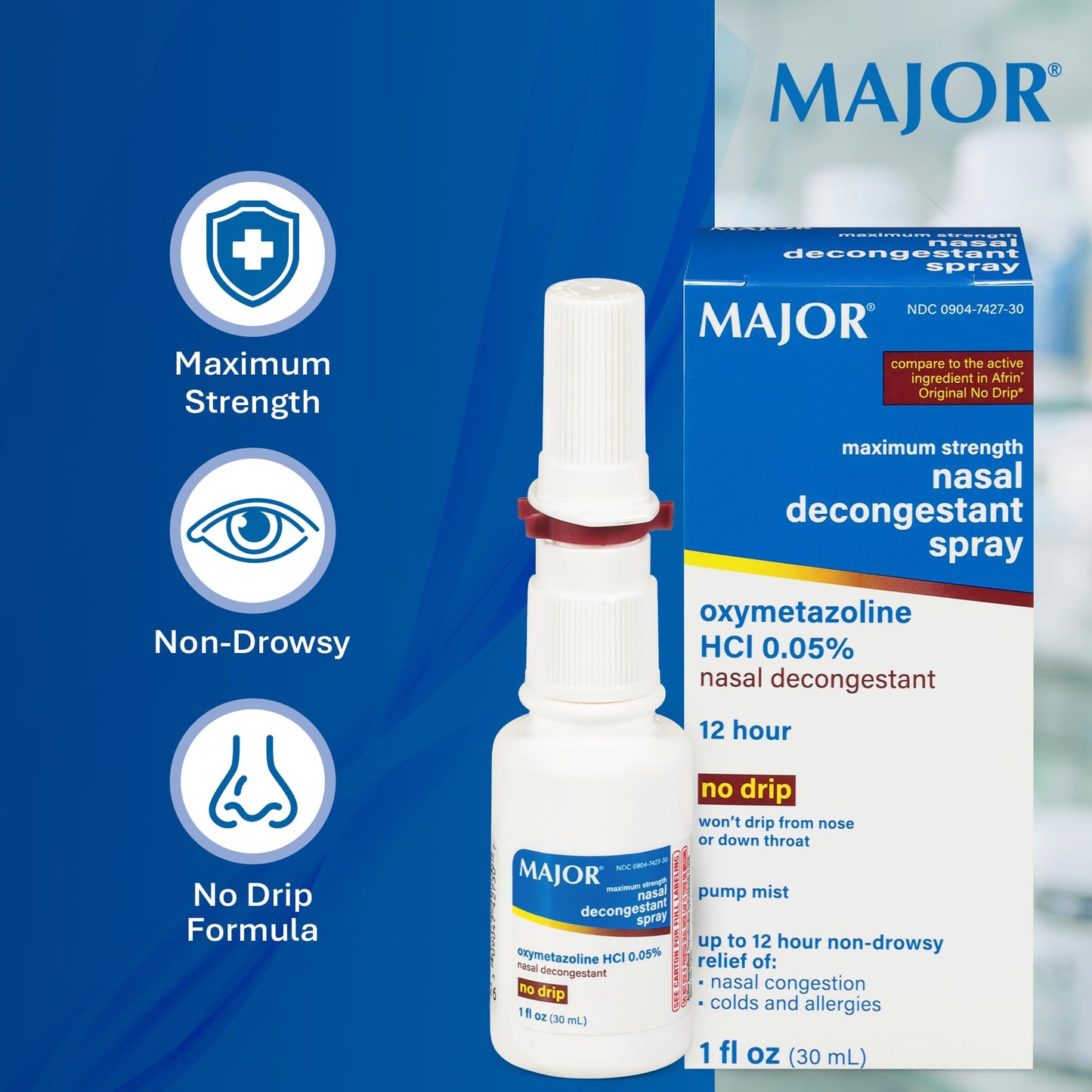 MAJOR Maximum Strength Nasal Decongestant Spray 0.05% Oxymetazoline HCl – Up to 12-Hour Relief (6-Pack, 1 fl oz)
