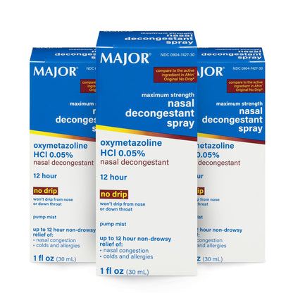 MAJOR Maximum Strength Nasal Decongestant Spray | Oxymetazoline HCl 0.05% Pump Mist, Non-Drowsy, Up to 12-Hour Relief (3-Pack)