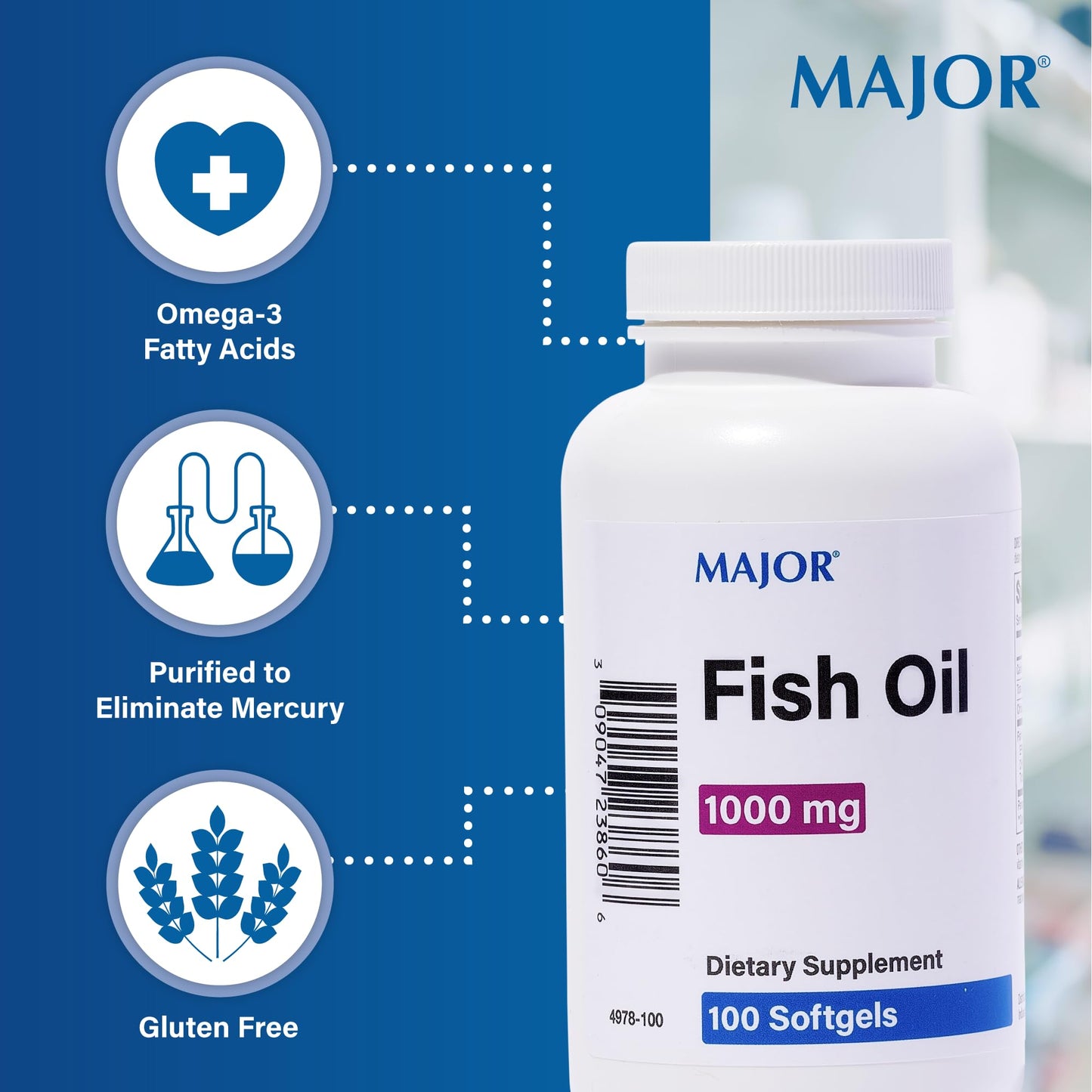 MAJOR Omega-3 Fish Oil 1000mg - 100 Softgels (1-Pack) | Dietary Fish Oil Supplement
