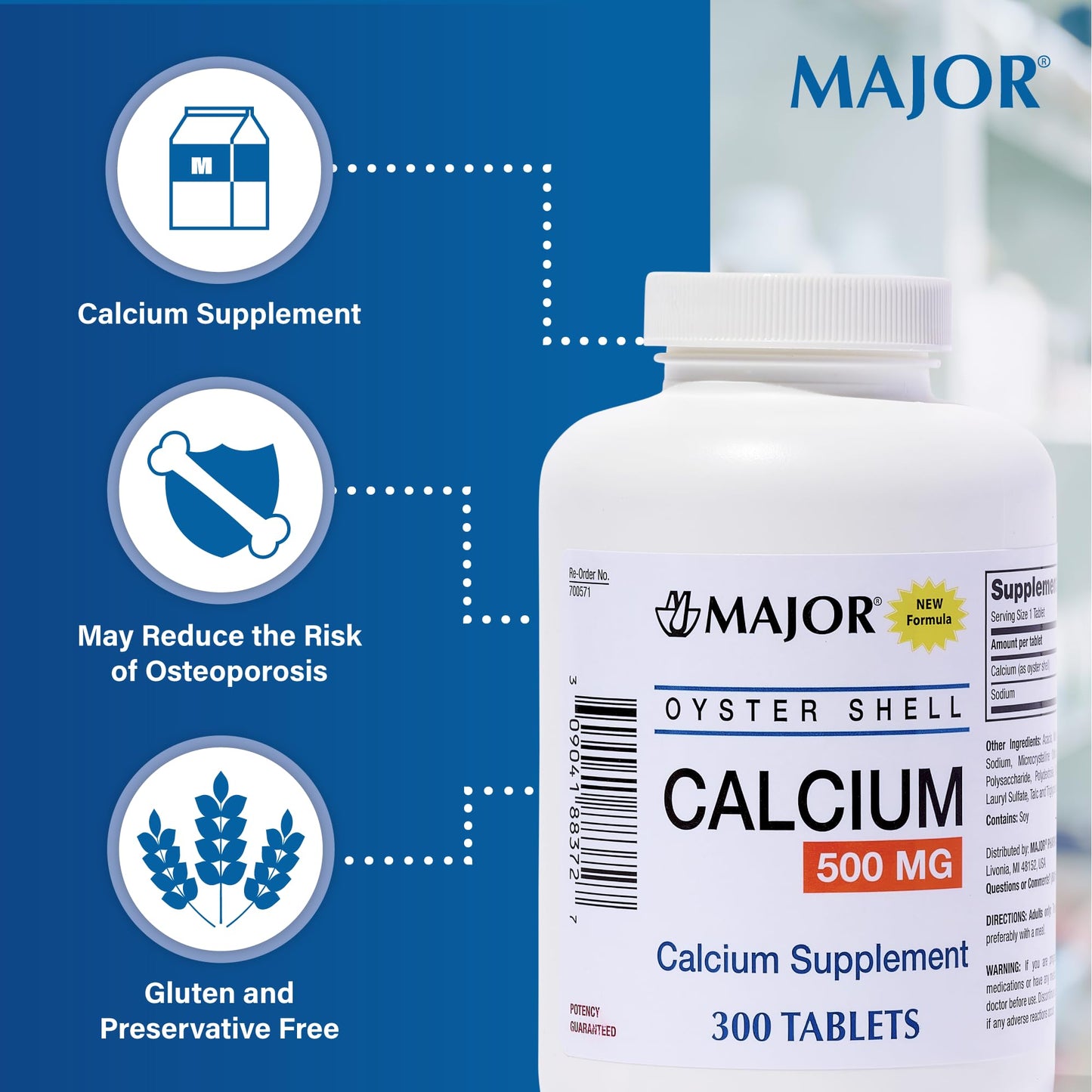 Major Oyster Shell Calcium 500 mg – Daily Calcium Supplement, 300 Tablets