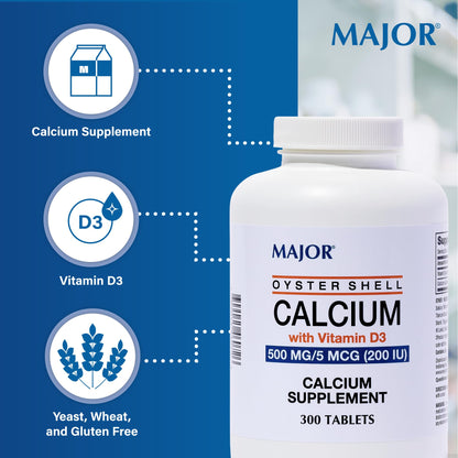 Major Oyster Shell Calcium 500 mg with Vitamin D3 (200 IU) – 300 Tablets