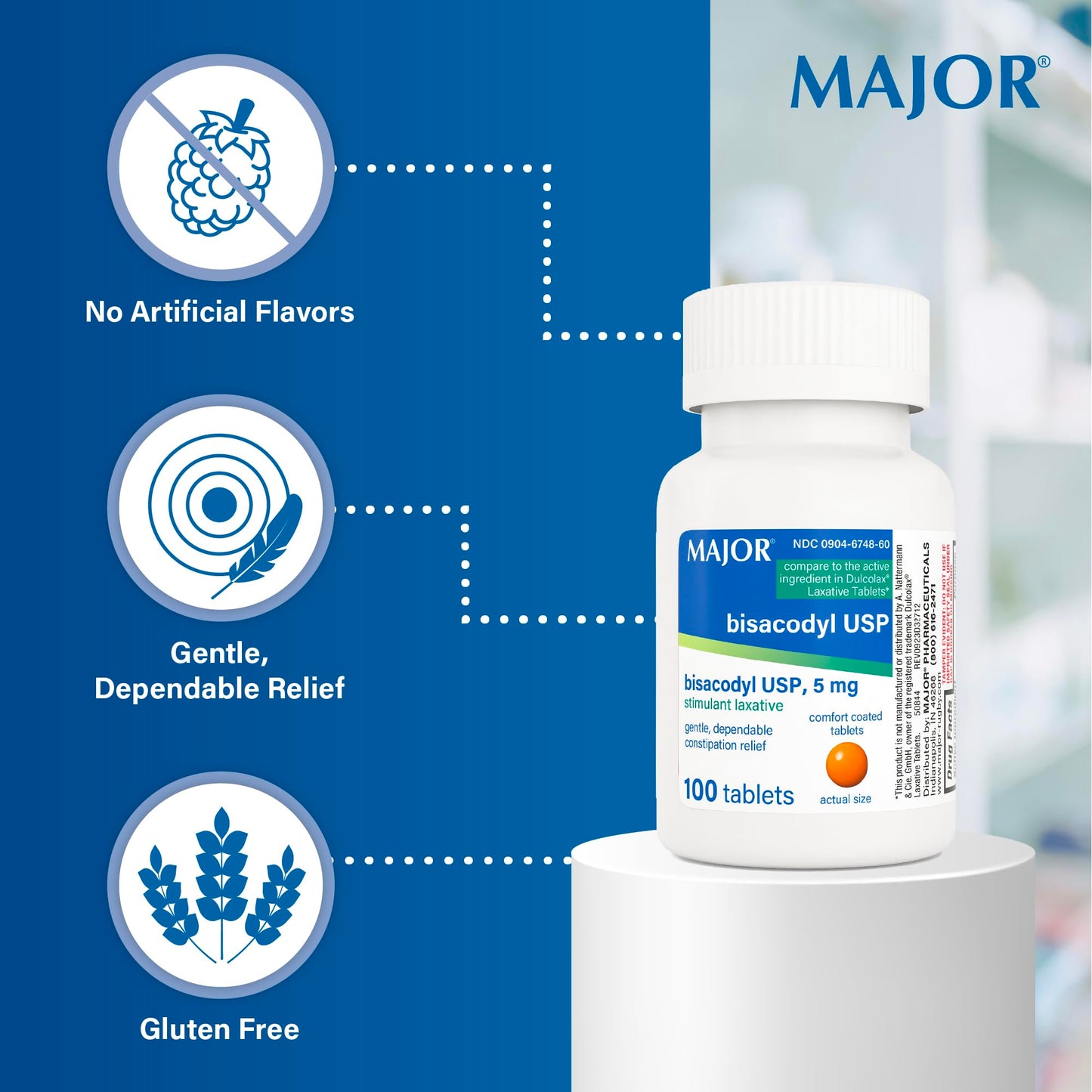 MAJOR Bisacodyl USP 5mg – Gentle Stimulant Laxative Tablets, 100 Count (3-Pack)