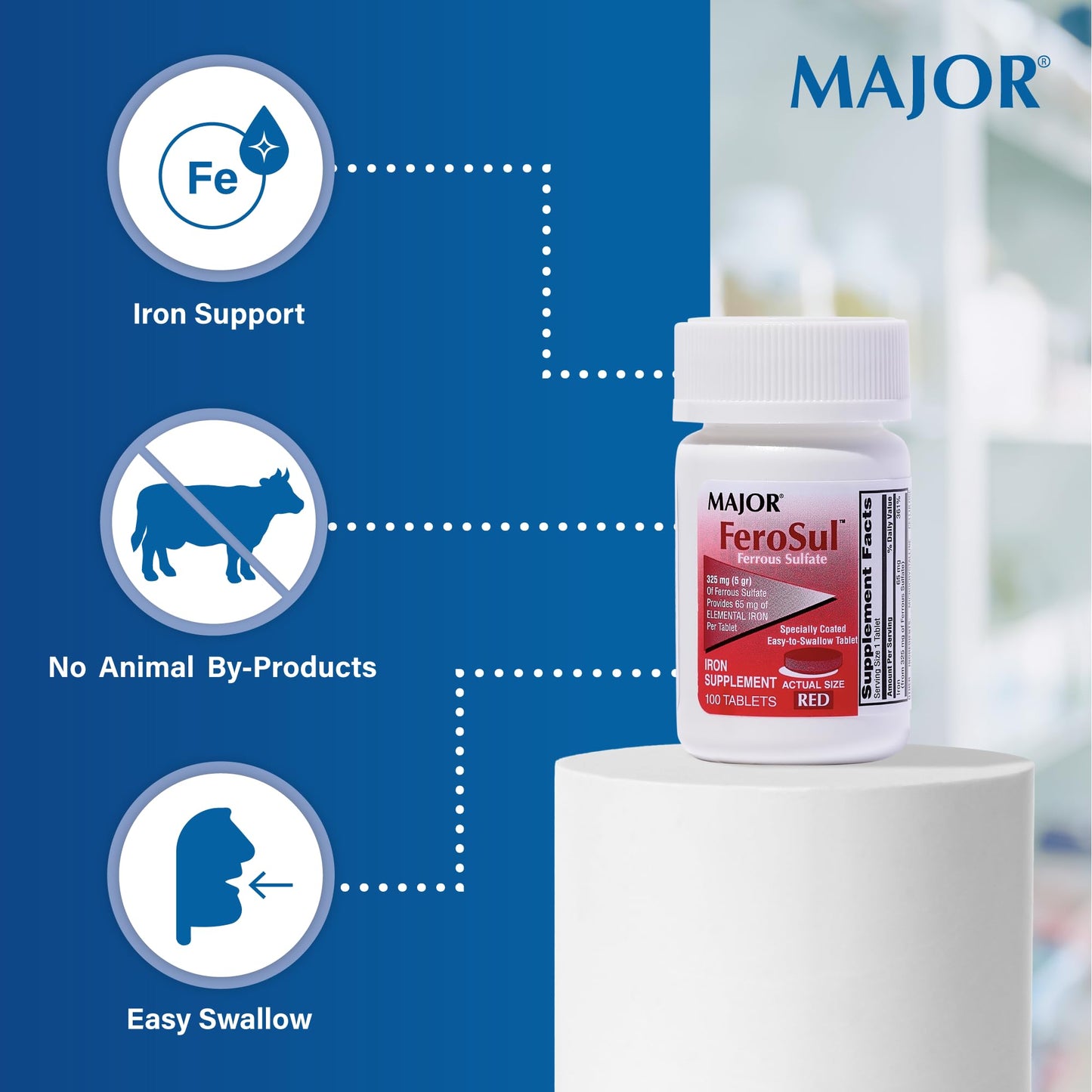 MAJOR Ferosul Ferrous Sulate 325mg Tablets – 65mg Elemental Iron | Iron Supplement (3 Pack, Red)
