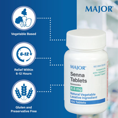 Major Senna 8.6 mg Natural Vegetable Laxative Tablets - Occasional Constipation Relief (100 Tablets)