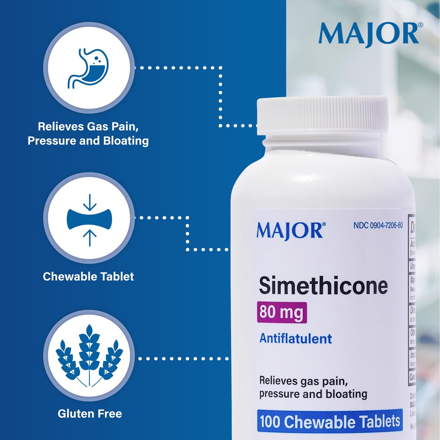 MAJOR Simethicone Gas Relief 80 mg - Chewable Gas Relief Tablets (100 ct)