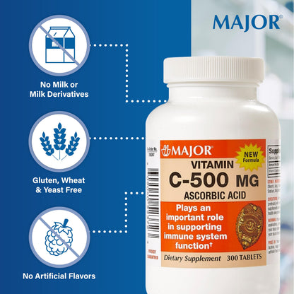 Major Vitamin C 500 mg Tablets (Ascorbic Acid) – 300 Count – Dietary Supplement | 1 Pack