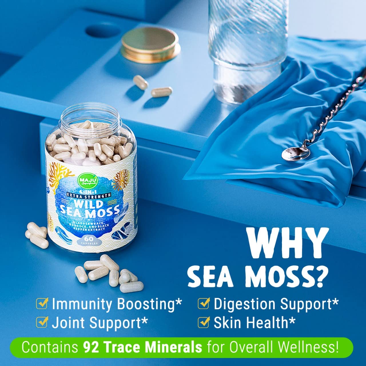 MAJU 4-in-1 Organic Sea Moss Capsules | Wild Irish Sea Moss (Chondrus Crispus) with Bladderwrack & Burdock Root – 500 mg, 60 ct