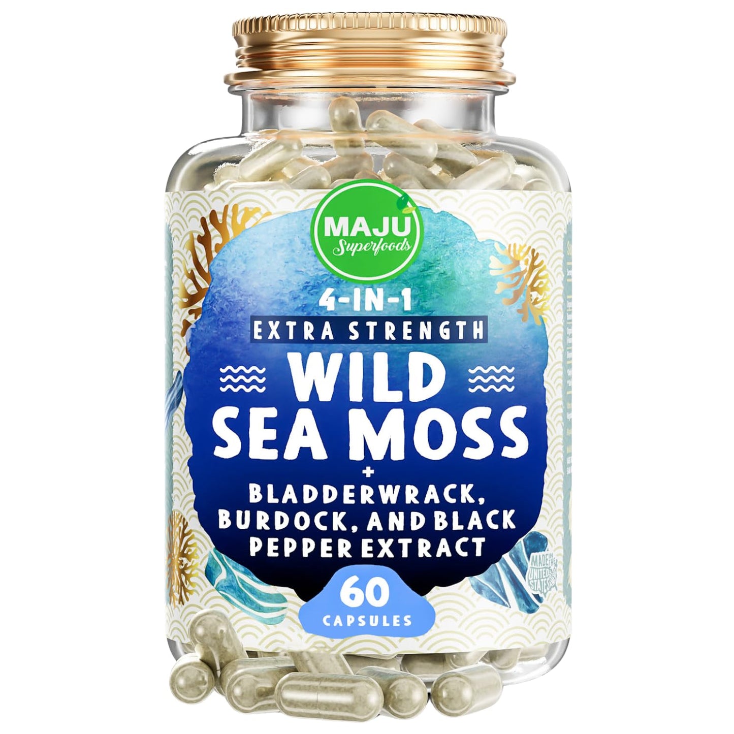 MAJU 4-in-1 Organic Sea Moss Capsules | Wild Irish Sea Moss (Chondrus Crispus) with Bladderwrack & Burdock Root – 500 mg, 60 ct