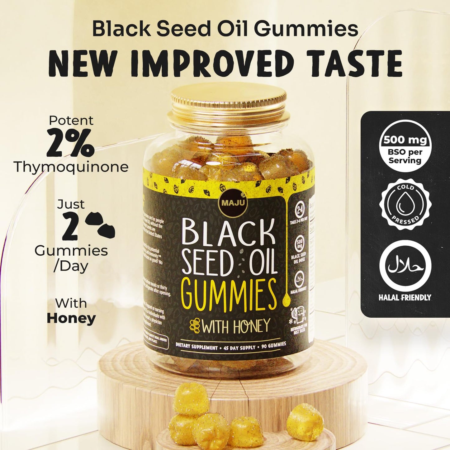 MAJU Black Seed Oil Gummies with Honey – 90ct, 500mg BSO | Cold-Pressed Nigella Sativa