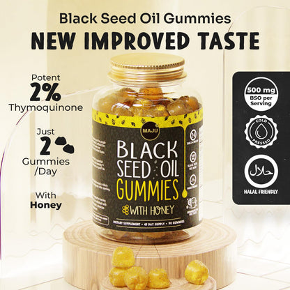MAJU Black Seed Oil Gummies with Honey – 90ct, 500mg BSO | Cold-Pressed Nigella Sativa