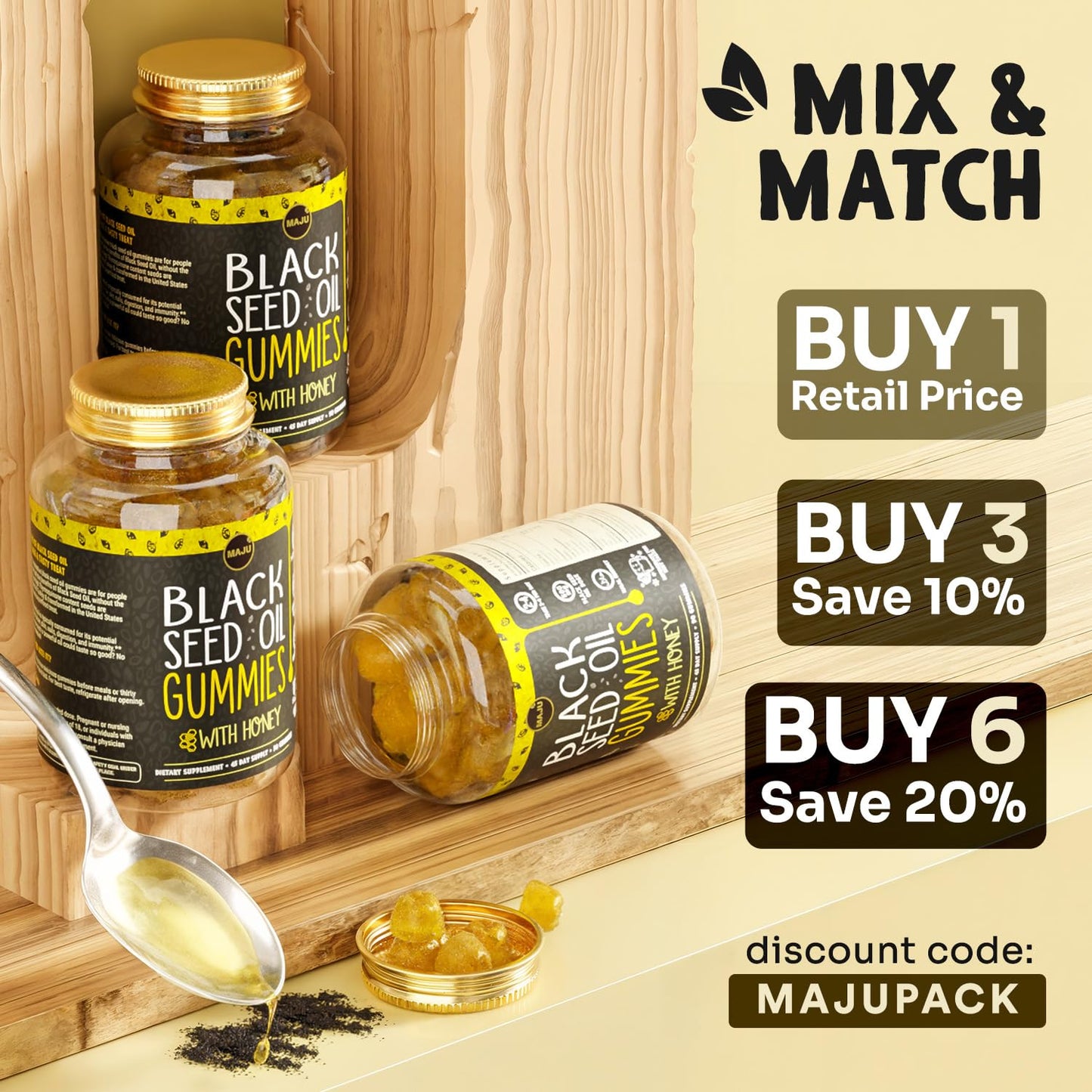 MAJU Black Seed Oil Gummies with Honey – 90ct, 500mg BSO | Cold-Pressed Nigella Sativa