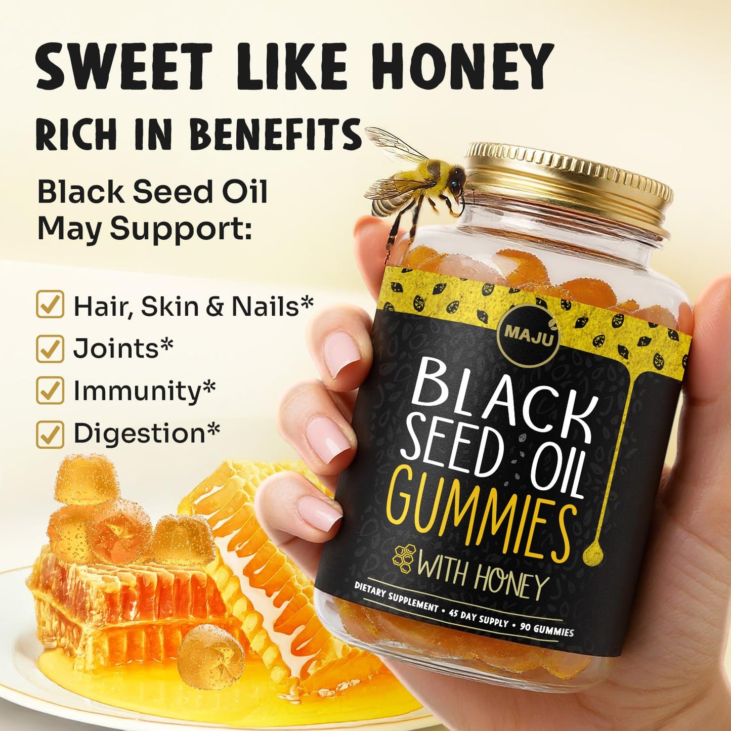 MAJU Black Seed Oil Gummies with Honey – 90ct, 500mg BSO | Cold-Pressed Nigella Sativa