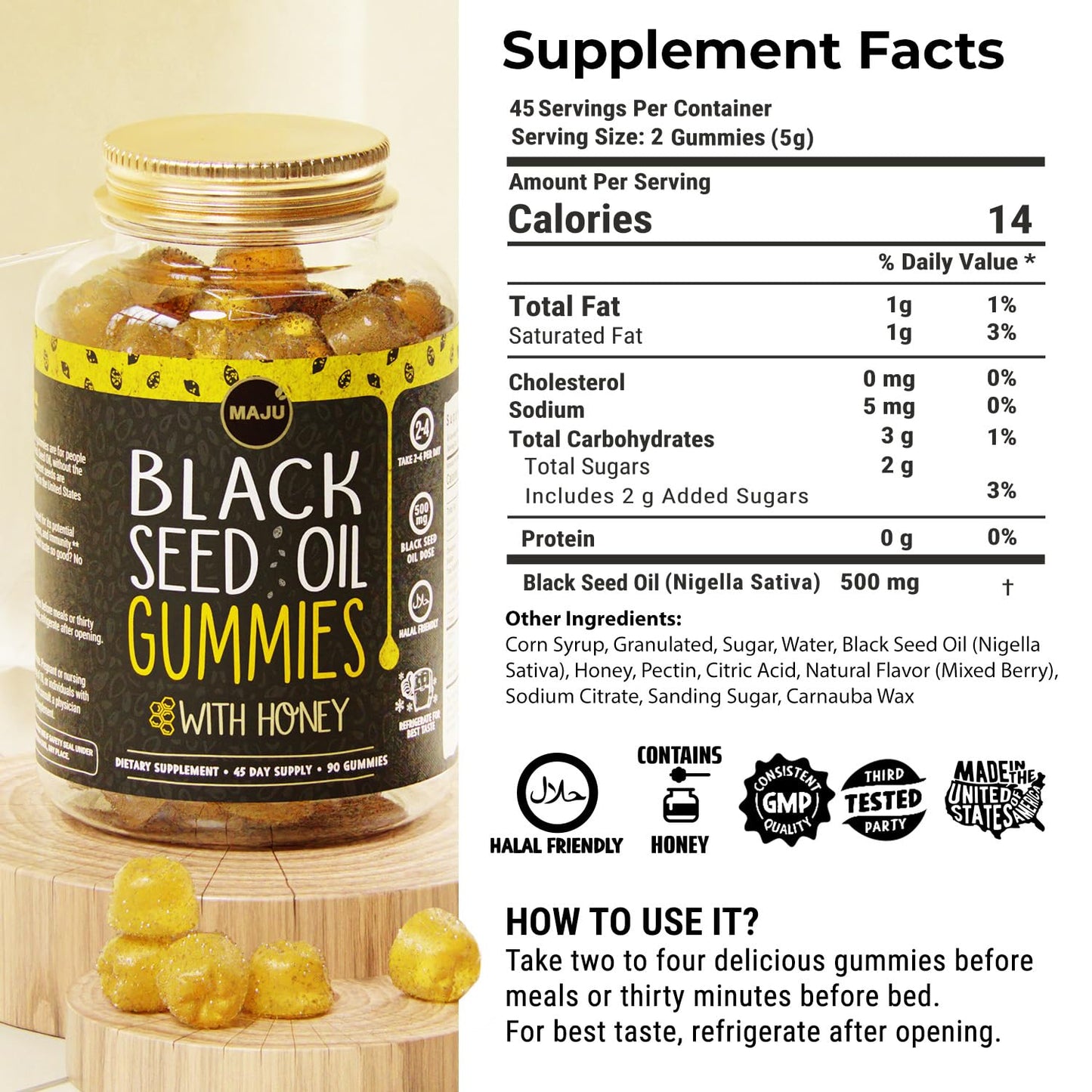 MAJU Black Seed Oil Gummies with Honey – 90ct, 500mg BSO | Cold-Pressed Nigella Sativa