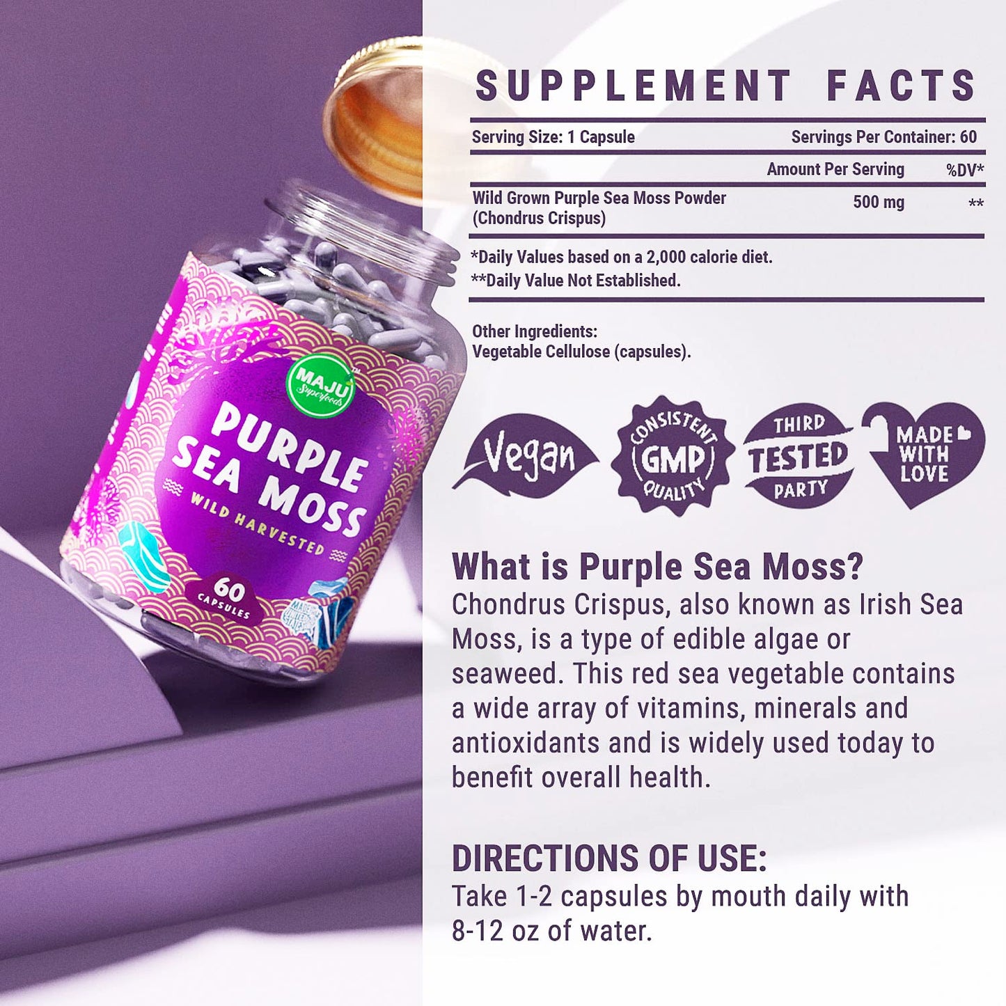 MAJU Purple Sea Moss Capsules 60ct – Extra-Strength Chondrus Crispus, Wild Harvested