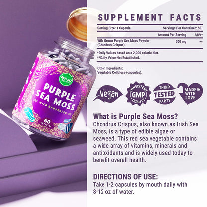 MAJU Purple Sea Moss Capsules 60ct – Extra-Strength Chondrus Crispus, Wild Harvested