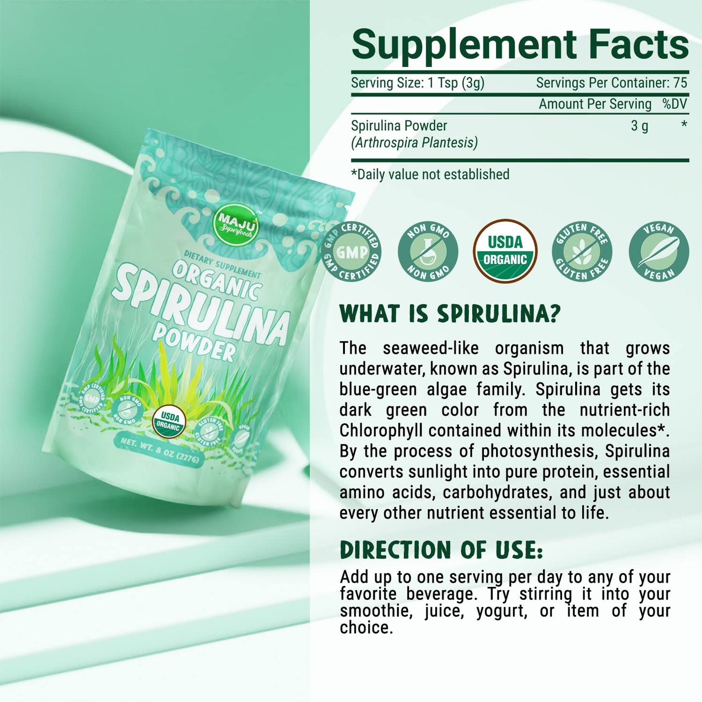 MAJU Organic Spirulina Powder .5 lb – Microcystin Free & Non-Irradiated