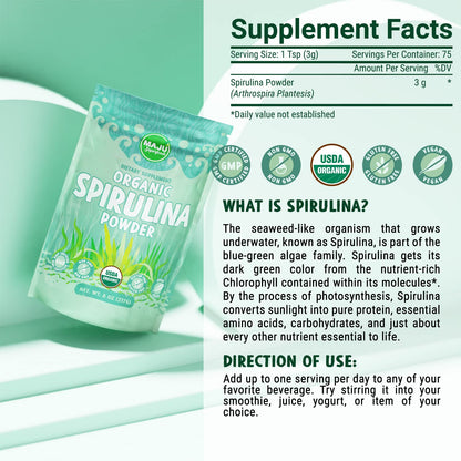 MAJU Organic Spirulina Powder .5 lb – Microcystin Free & Non-Irradiated