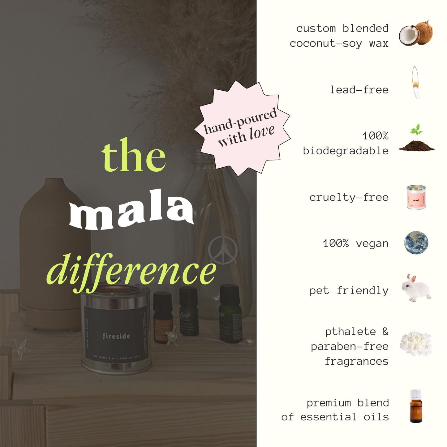 Mala Fireside Candle – Black Amber, Musk & Lavender | 6.8 oz, 45-Hour Burn