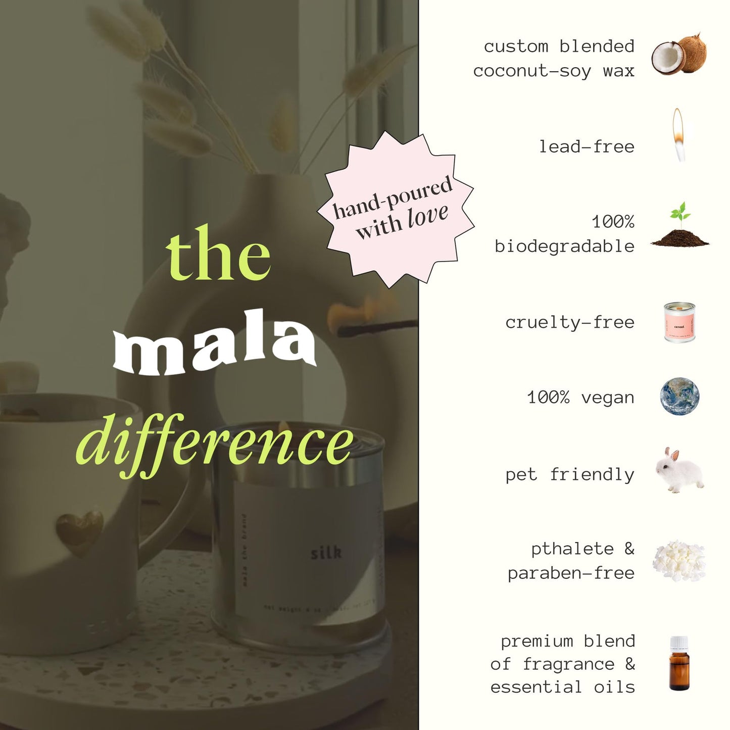 MALA Scented Silk Tonka Bean Jasmine & Coconut - Vegan Soy Candle 6.8 oz