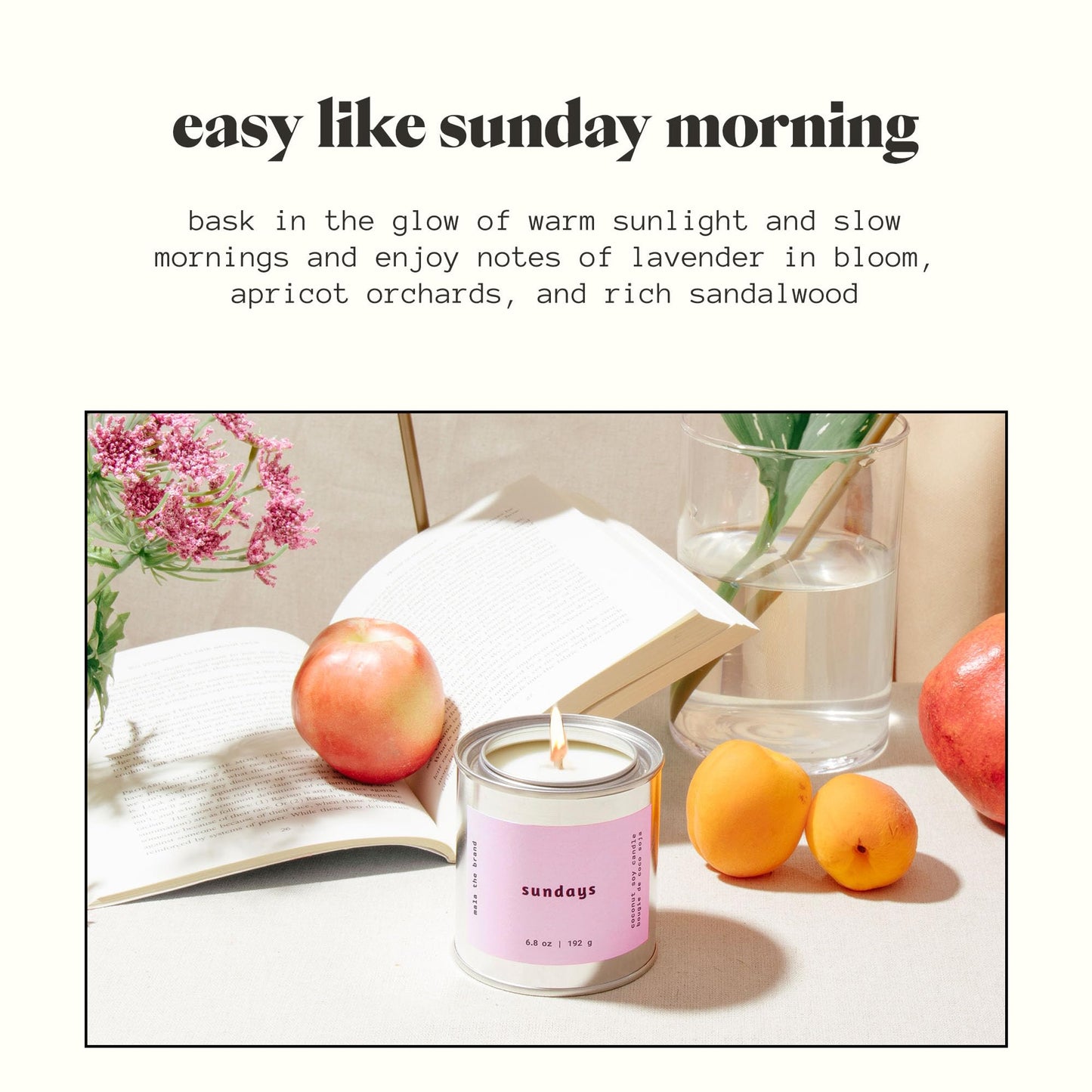 MALA Sundays Apricot Sandalwood & Lavender Candle – Vegan Soy, 6.8 oz