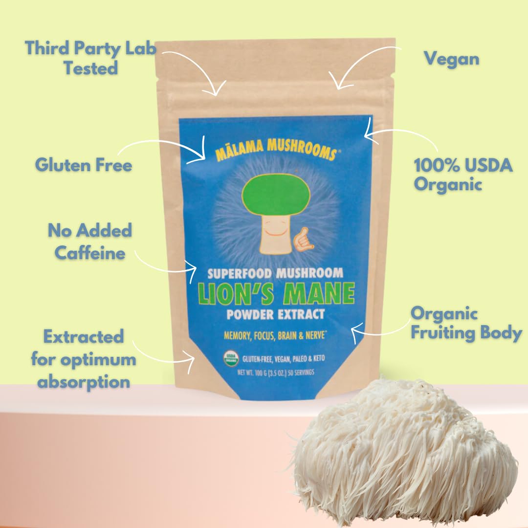 Lion's Mane Extract Powder by Malama - Organic Fruiting Body Mushroom, Focus & Memory