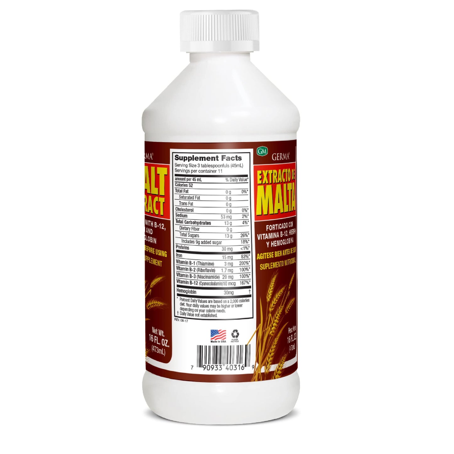 Germa Malt Extract Fortified with Vitamin B-12 and Iron - 16oz, 2 Pack